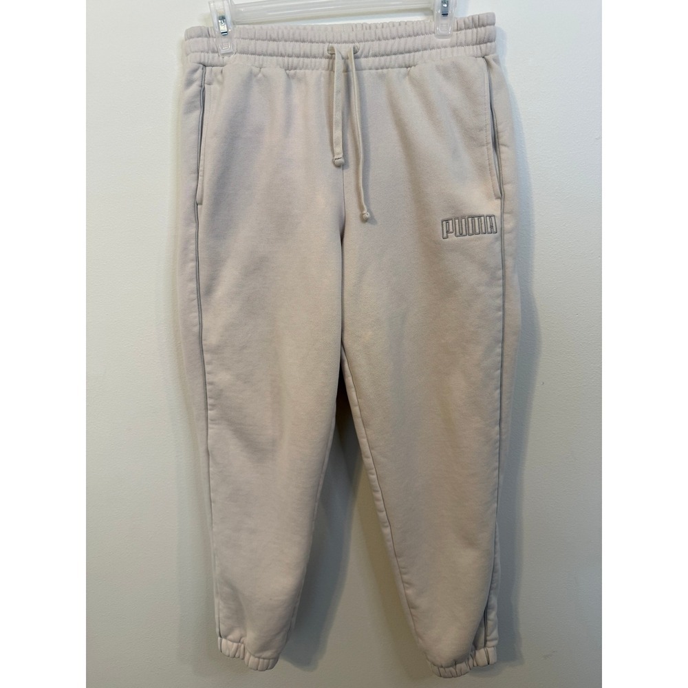 Puma Sweatpants Women Size M Beige Excellent Fleece Lined Joggers